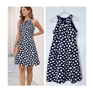 Ann Taylor LOFT Petite Dress 2P Navy White Polka Dot Linen Blend Sleeveless Fit